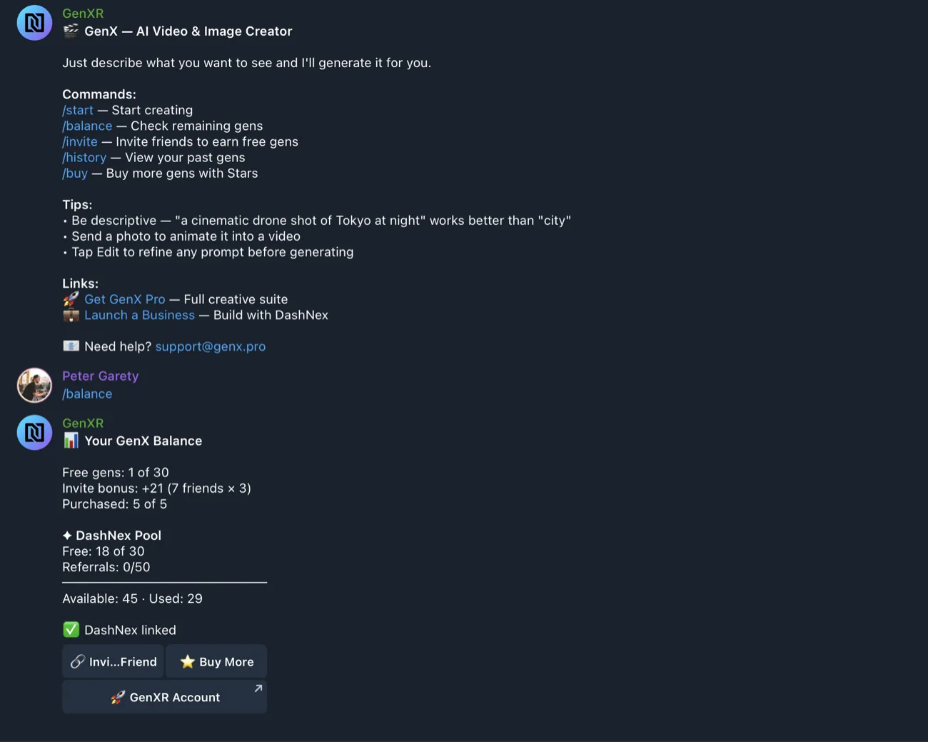 GenX Telegram Bot — instant video generation