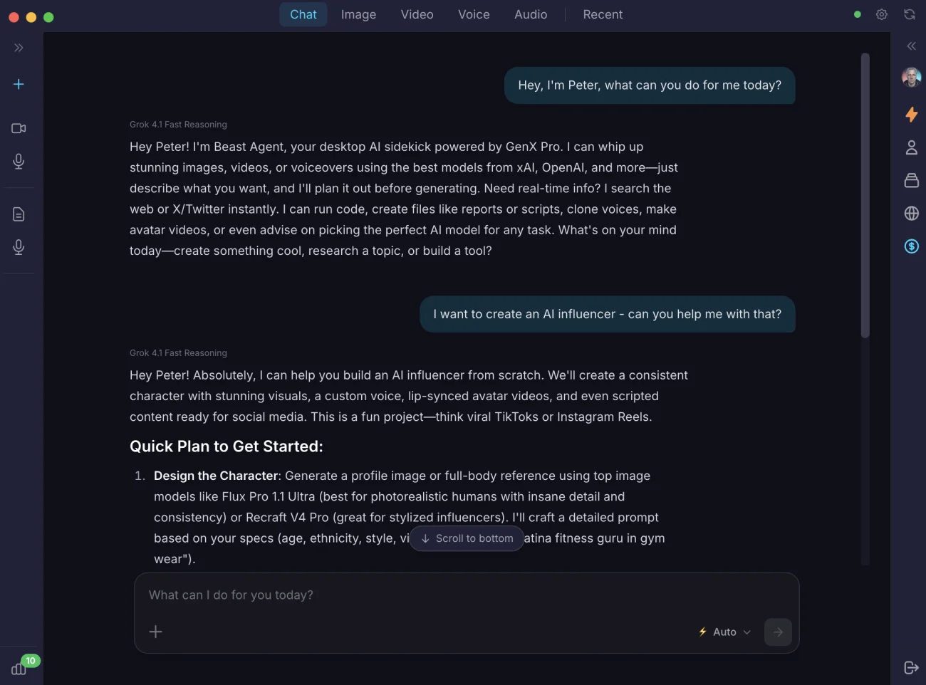 Beast Agent conversation showing AI influencer creation workflow