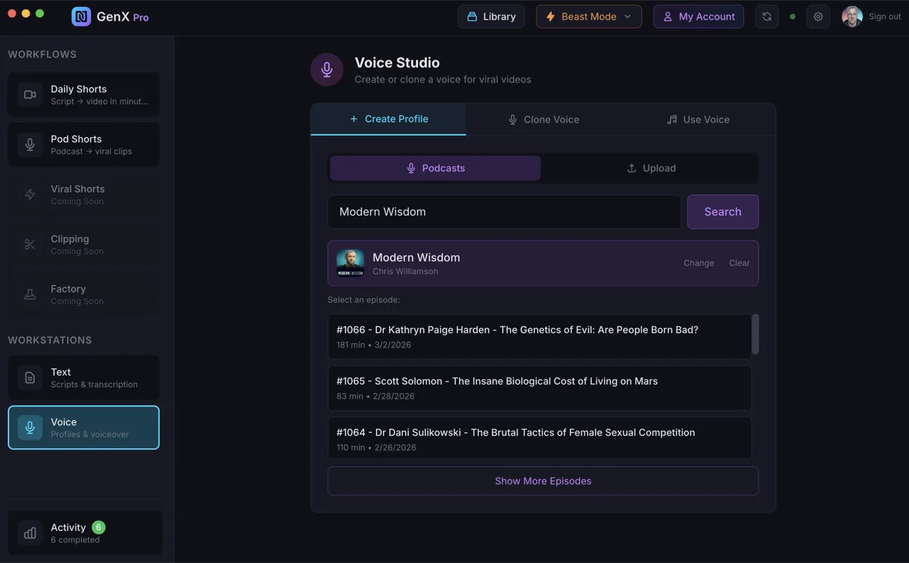 GenX Pro Voice Studio — clone your voice or choose from 1,000+ professional voices