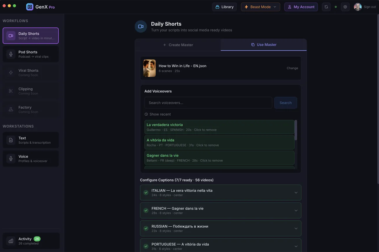 Master/Replica workflow showing voiceover selection and batch caption styles