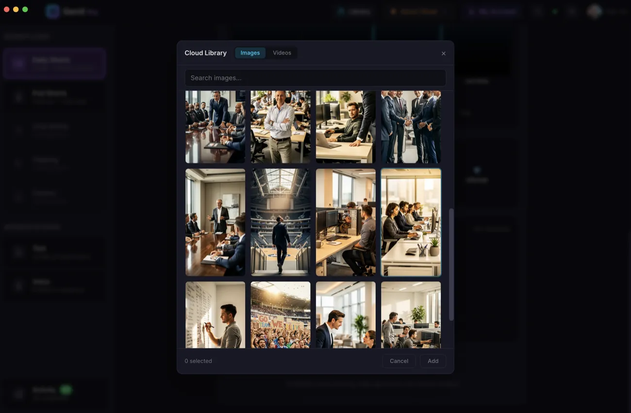 My Scenes mode with custom images assigned to each scene in the timeline