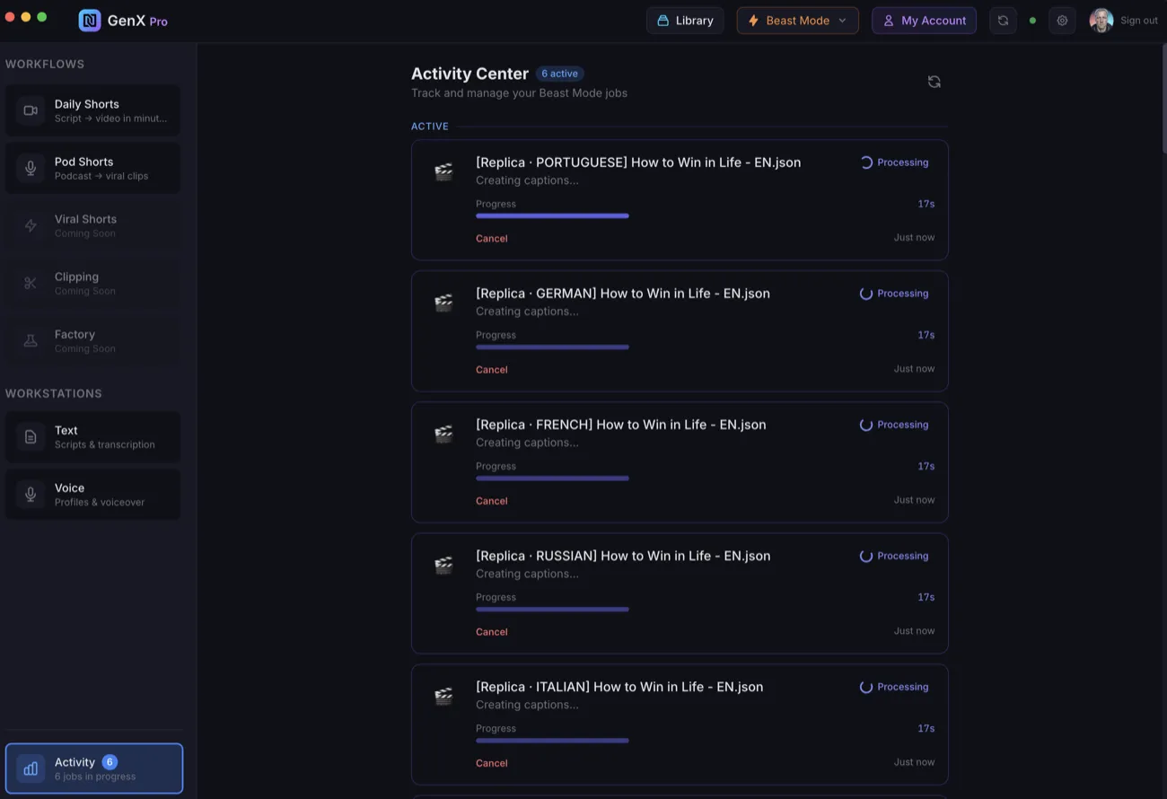 Activity Center showing multiple Daily Shorts jobs running in parallel
