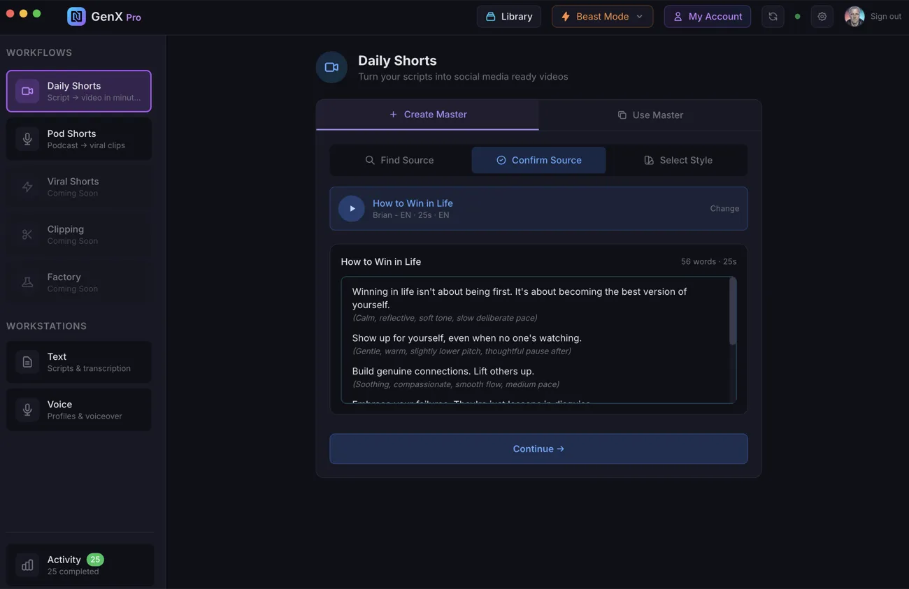 Scene planner showing one visual scene per sentence with camera and mood descriptions