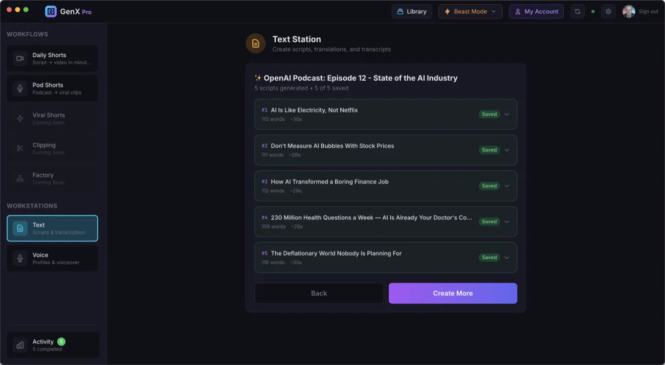 InteliScripts showing 5 generated scripts from a podcast transcript