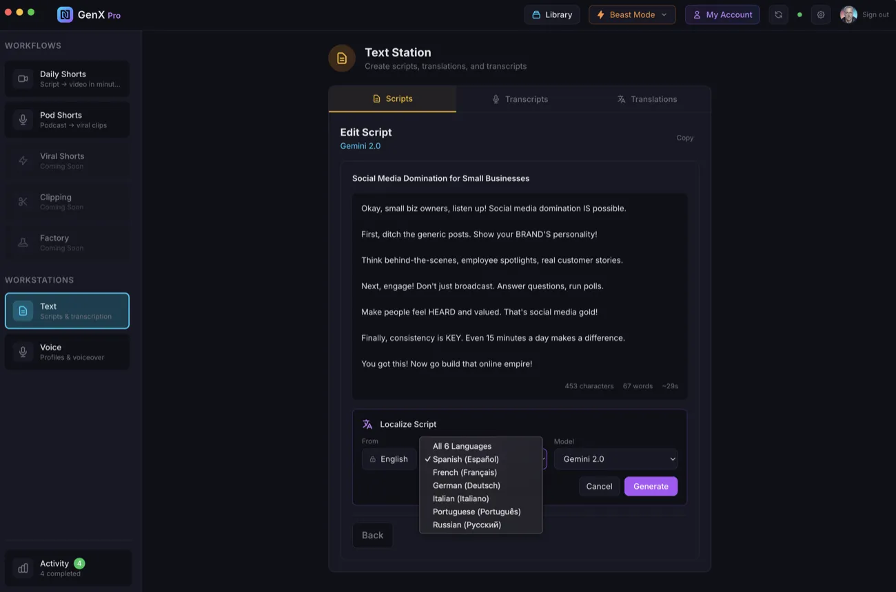Script editor with localization dropdown showing 6 languages