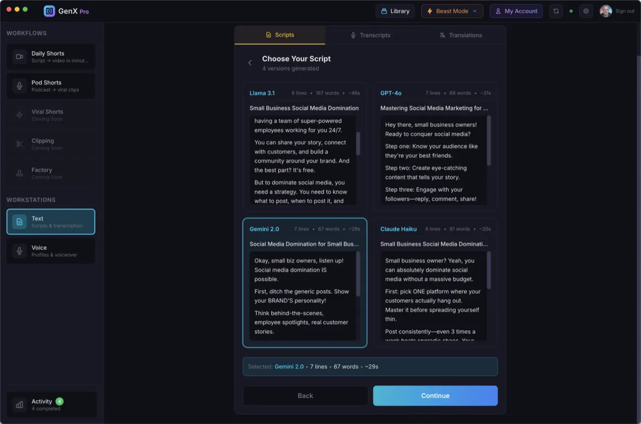 Generations showing 4 AI model results side by side