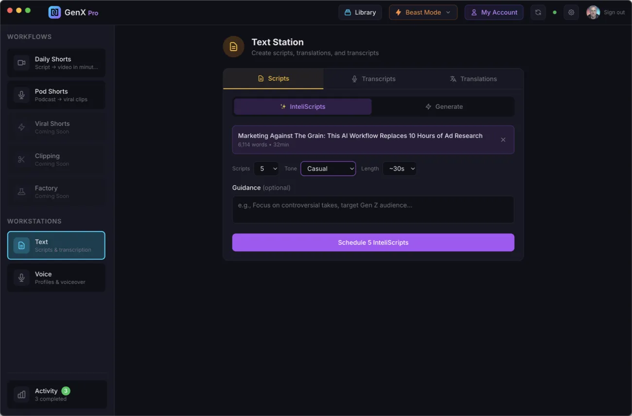 InteliScripts configuration with transcript loaded, tone and length settings