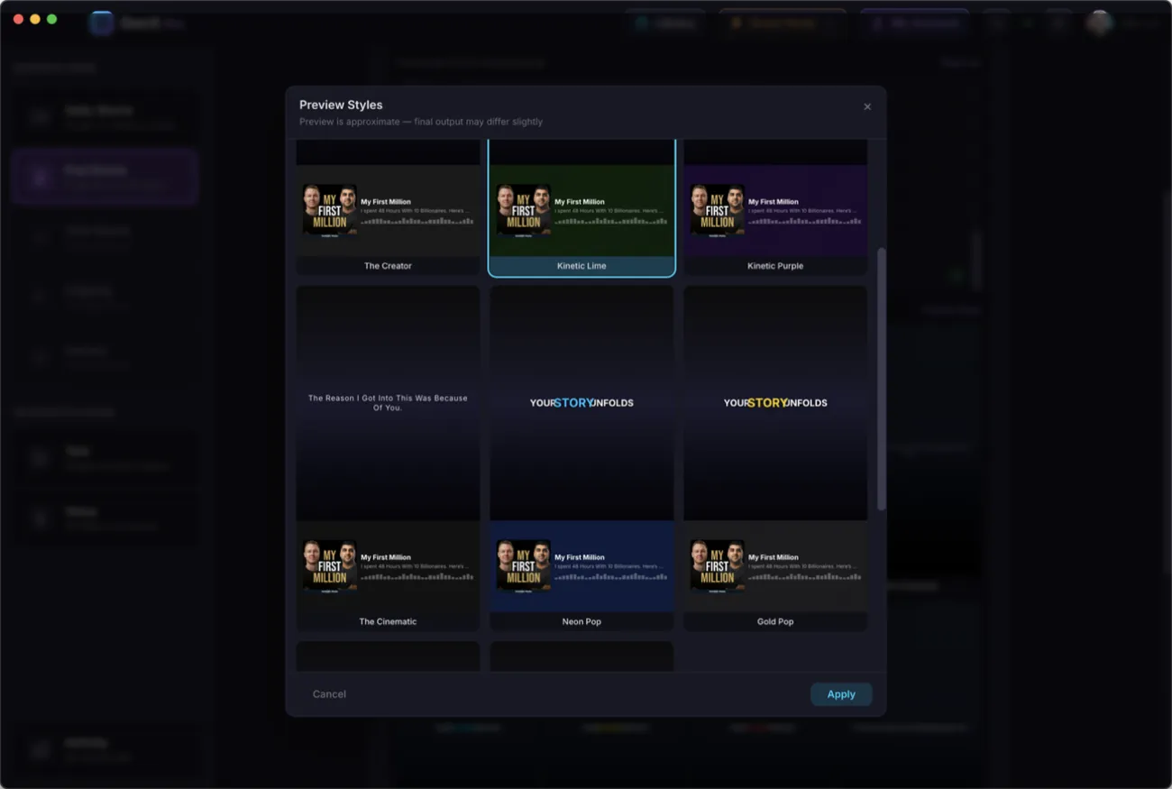 Preview Styles modal with 8 animated caption presets