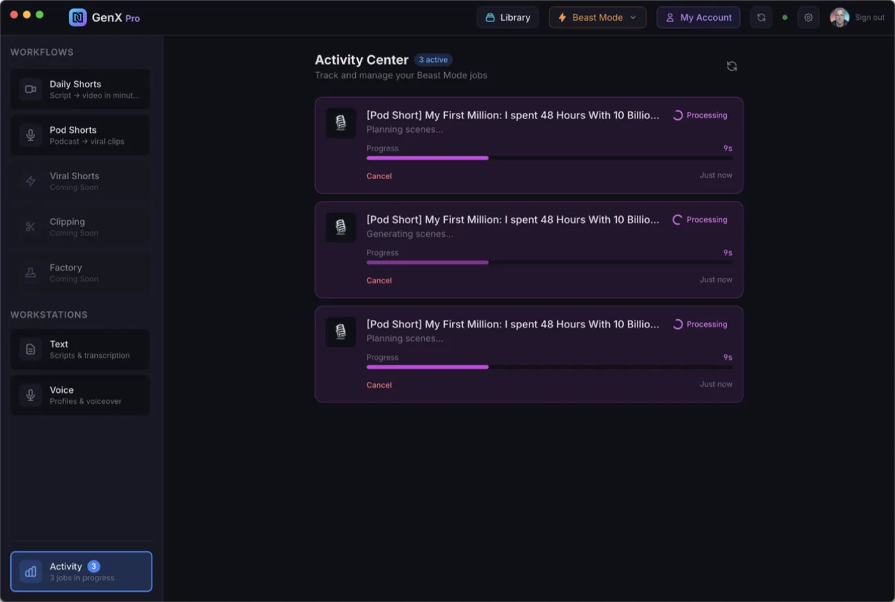 Activity Center showing 3 Pod Shorts processing in parallel