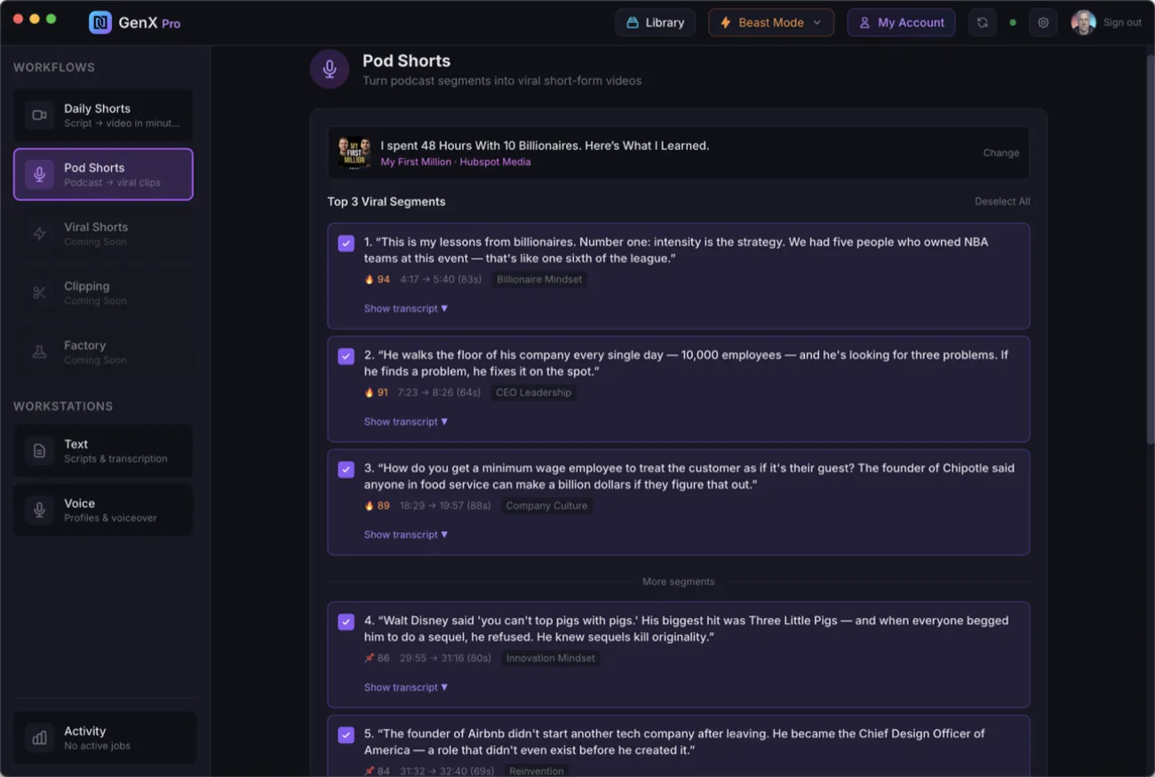 Viral segment analyzer showing top segments ranked by hook score