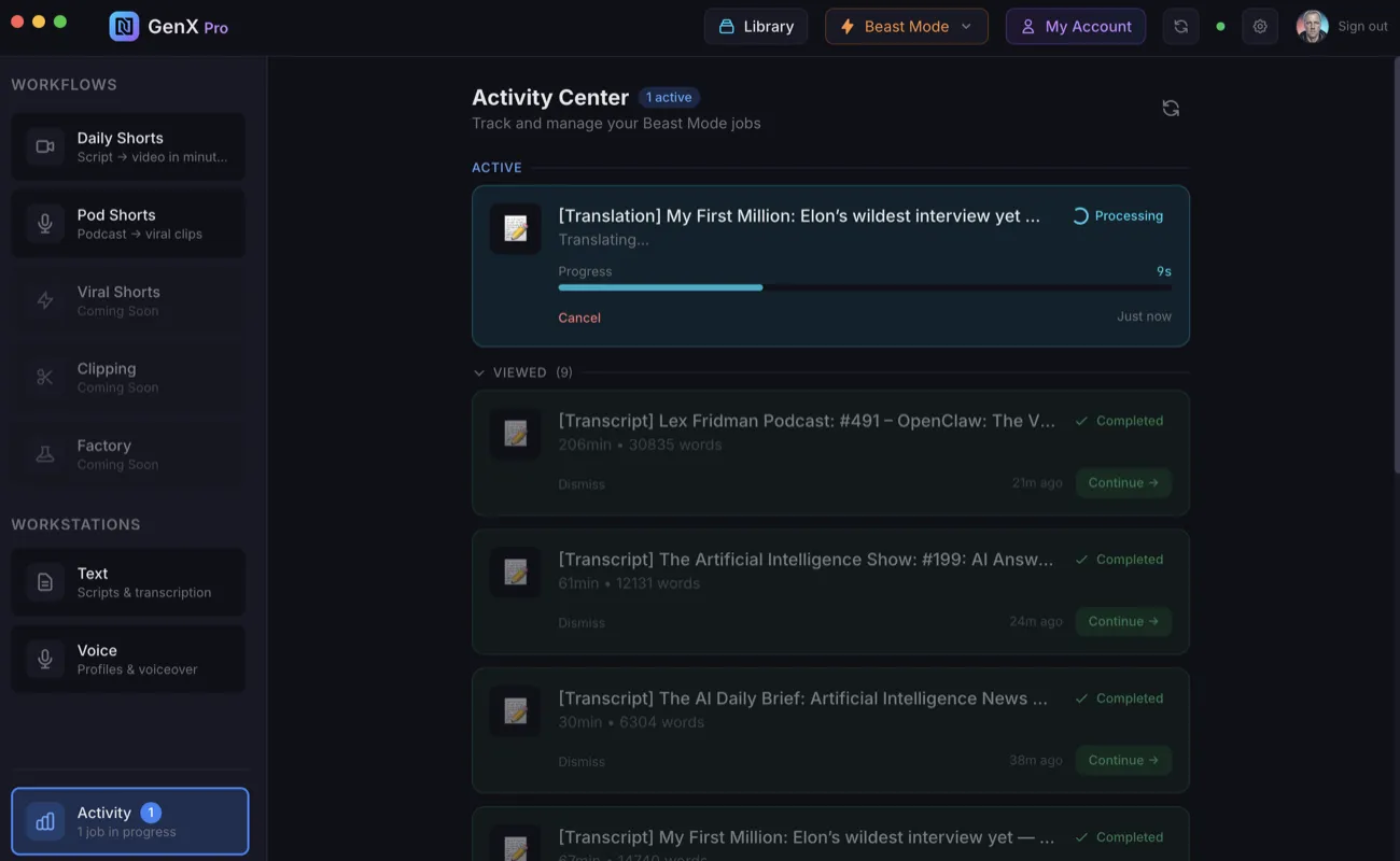 Translation processing a long document with smart chunking progress