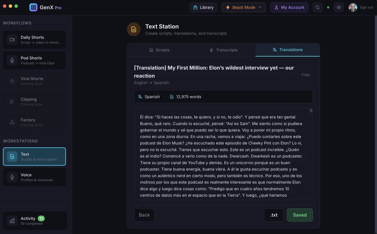 Translation result showing natural Spanish output with brand names preserved