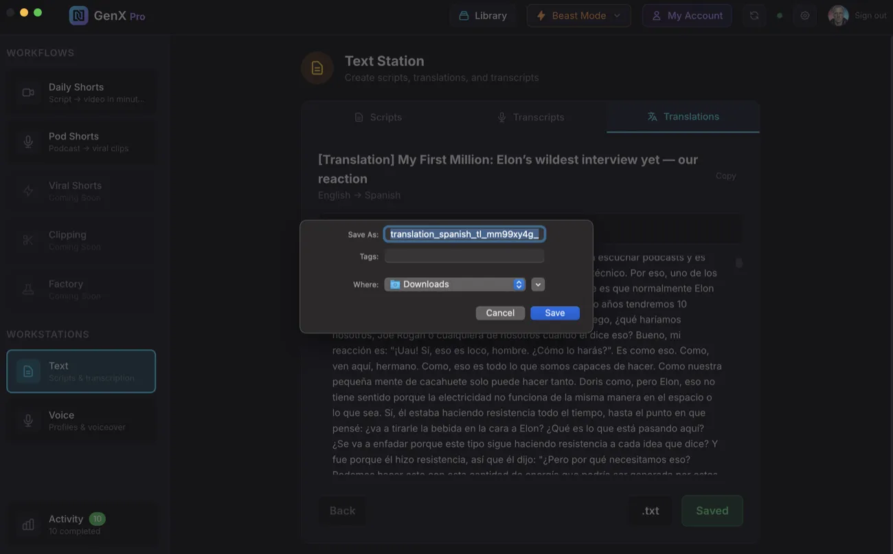 Translation result view with language pair, word count, and export options