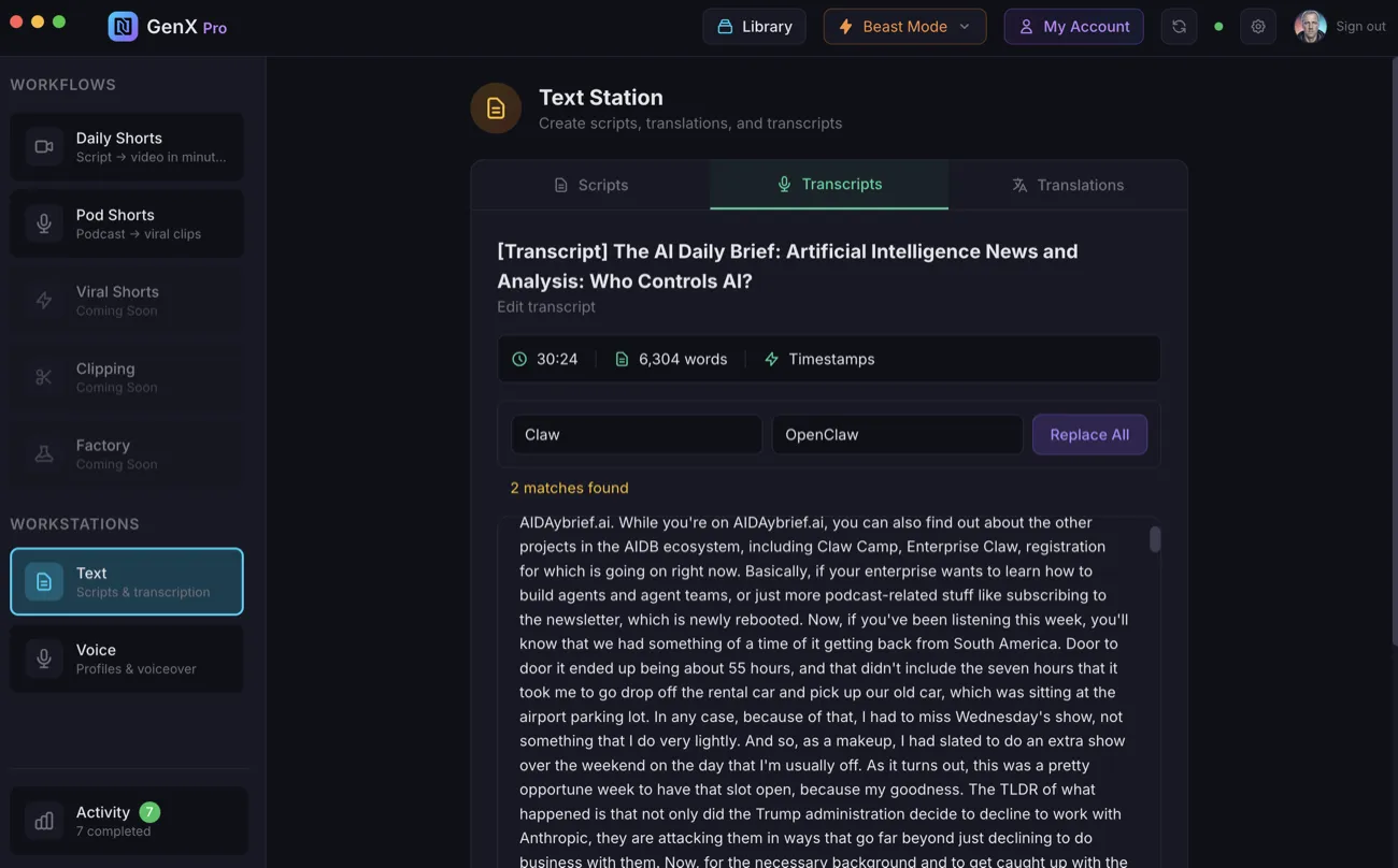 Word-token transcript editor with Find & Replace