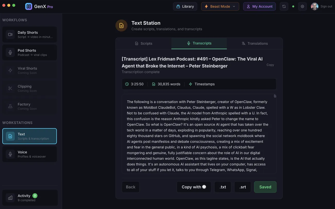 GenX Pro transcription with 30,835 words and word-level timestamps