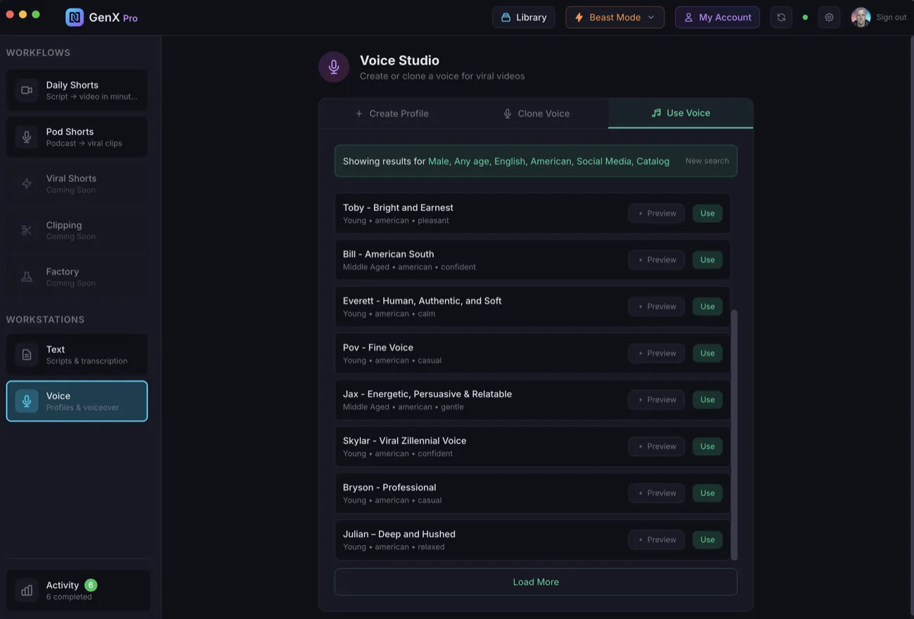 Voice catalog with filters for gender, accent, language, and purpose